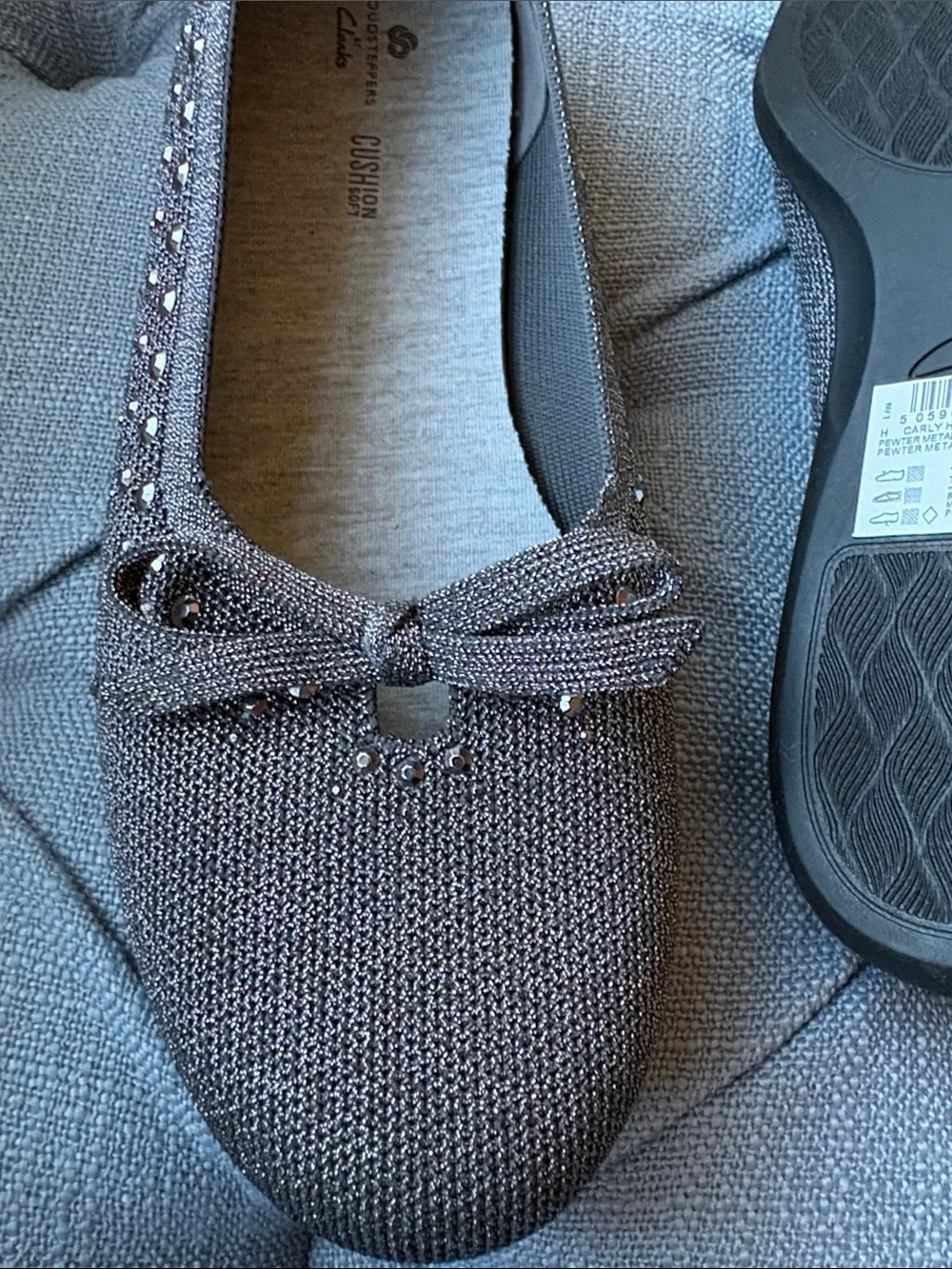 Clarks Gray Sparkle Ballet Flats with Bow and Stud Accents